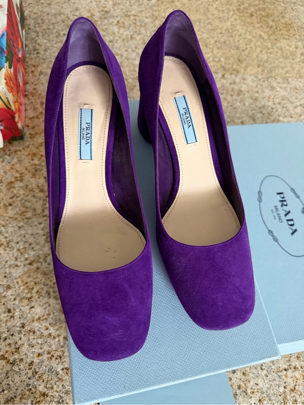 Authentic Prada Purple Suede Block Heels.  Size 39